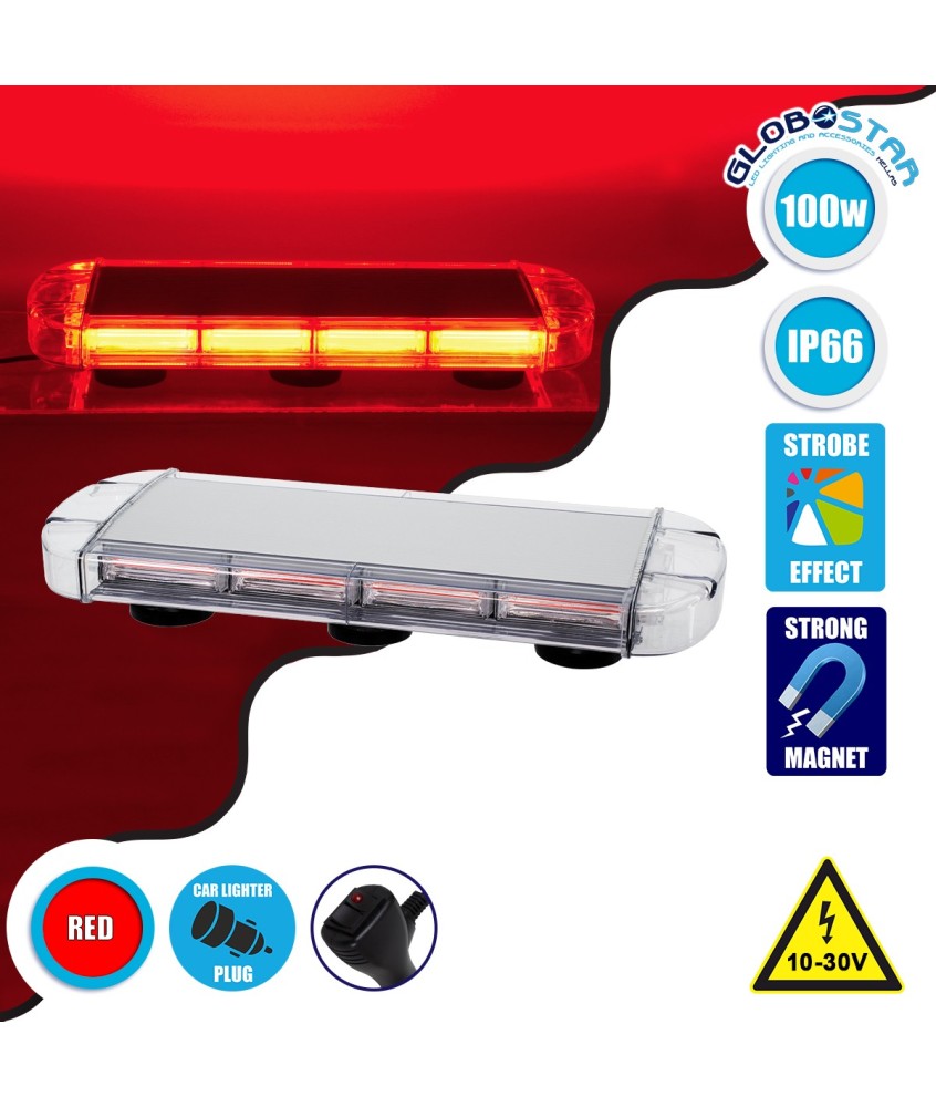 GloboStar® 85180 PRO Series Φάρος Σήμανσης Οχήματος Πυροσβεστικής για Αυτοκίνητα & Φορτηγά 6 Προγραμμάτων Φωτισμού STROBE LED COB 100W DC 10-30V Αδιάβροχος IP66 Κόκκινο